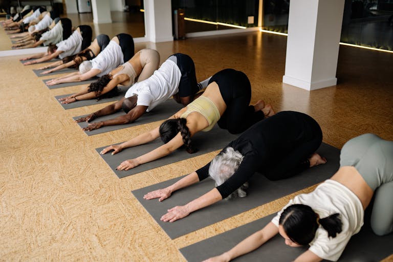 A diverse group of people stretching on yoga mats in an indoor yoga stretching class