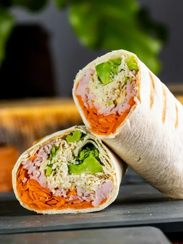 Healthy food at the Atlanta Airport: close up of a fresh wrap with greens and whole grains.