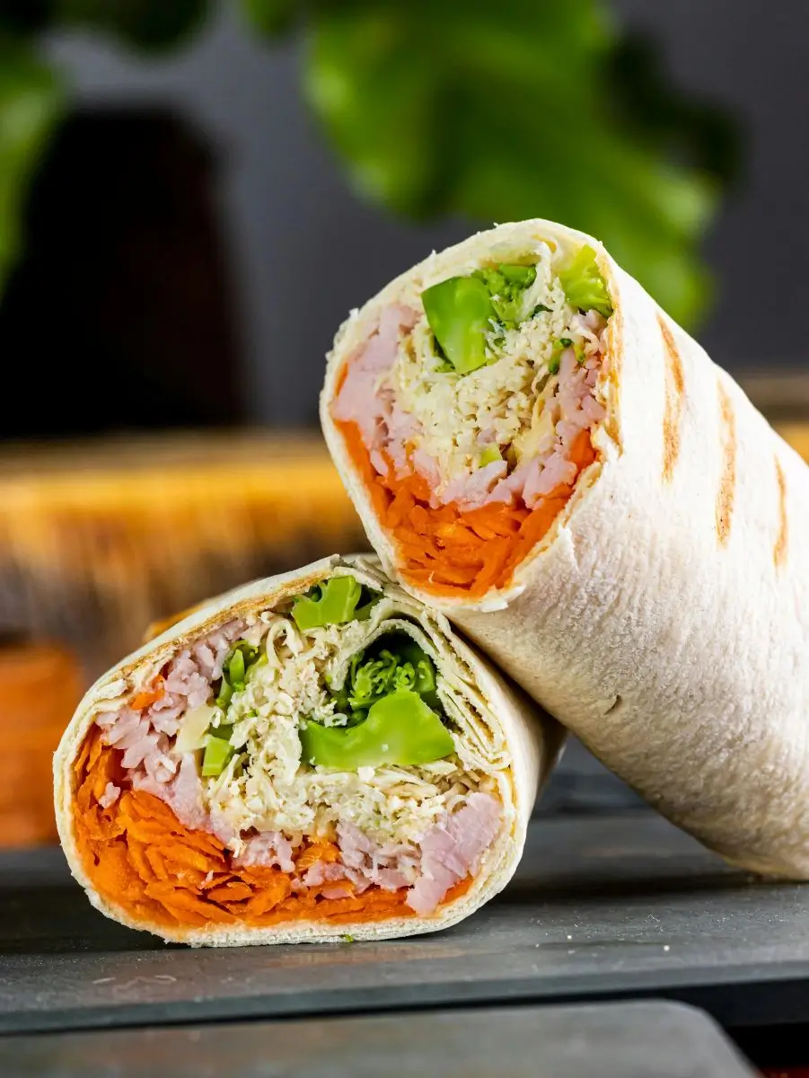 Healthy food at the Atlanta Airport: close up of a fresh wrap with greens and whole grains.